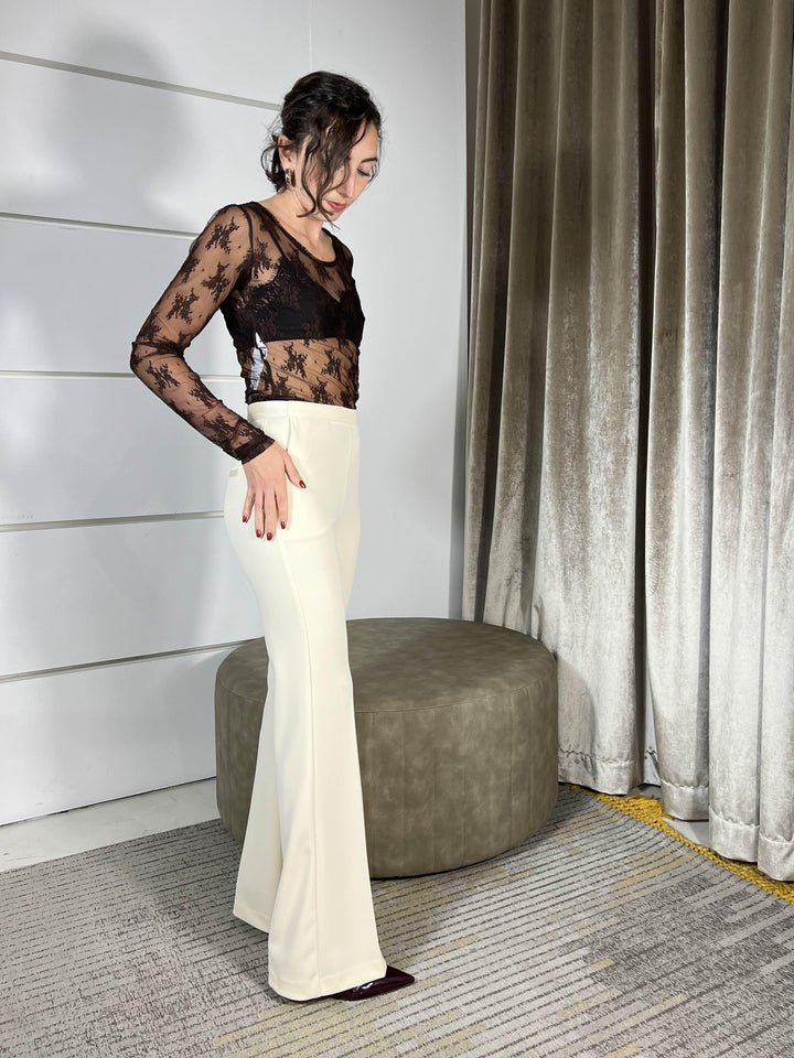 pantalone a zampa gesso con inserti in raso P3E9KAW1132 IMPERIAL