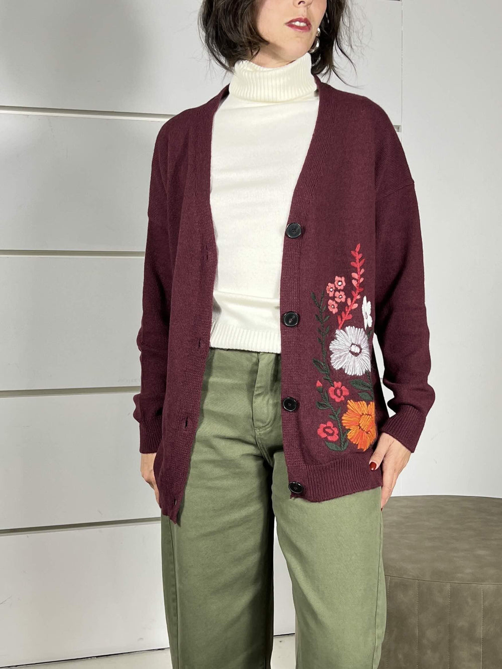 cardigan con ricamo fiori, scollo a v in misto lana bordeaux 77151FBORDEAUX VICOLO