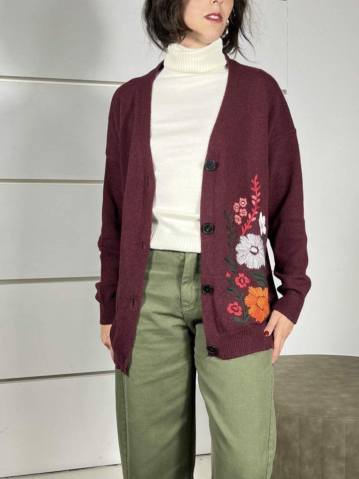 cardigan con ricamo fiori, scollo a v in misto lana bordeaux 77151FBORDEAUX VICOLO
