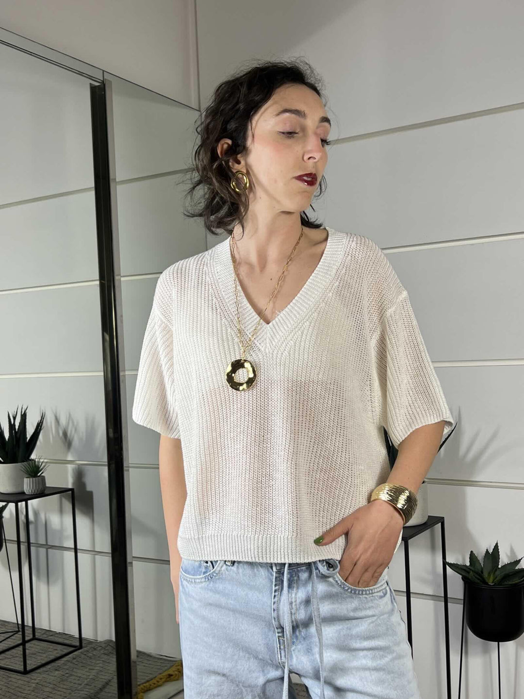 maglia panna con scollo a v manica a 3/4 misto viscosa XL25265PANNA TENSIONE IN