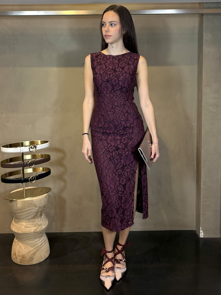 abito midi in pizzo bordeaux vino DRUPAR57 PINKO