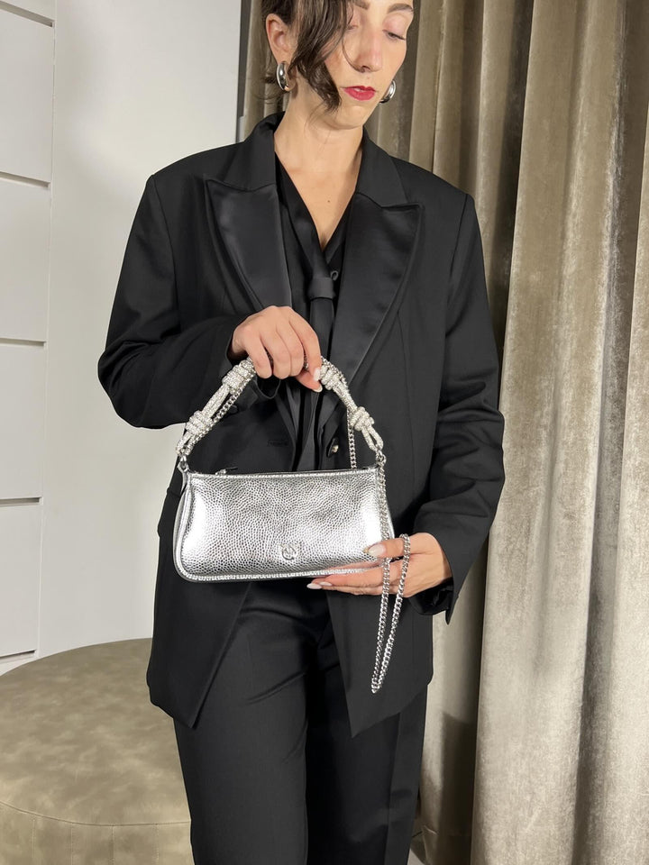 BORSA ARGENTO BAGUETTE LAMINATA CON STRASS HALF MOON BAGUETTE MINIZZFN PINKO
