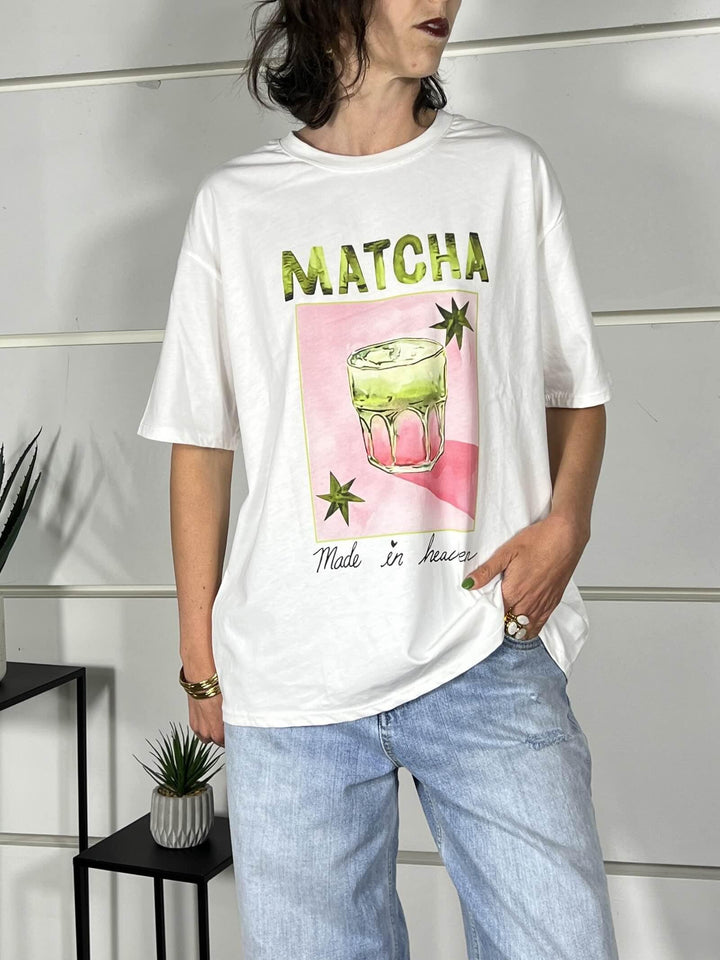 t-shirt bianca con stampa matcha verde e rosa 690002MATCHA SPICY CAFE