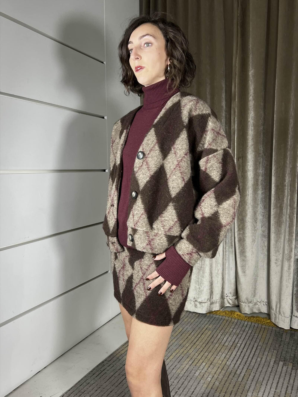 cardigan over spalla scesa tessuto check bordeaux e moro MMA-P236BORDEAUX/MORO HAVE ONE