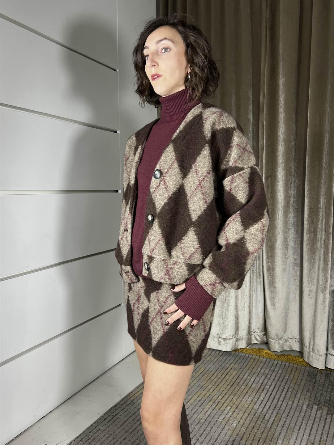 cardigan over spalla scesa tessuto check bordeaux e moro MMA-P236BORDEAUX/MORO HAVE ONE