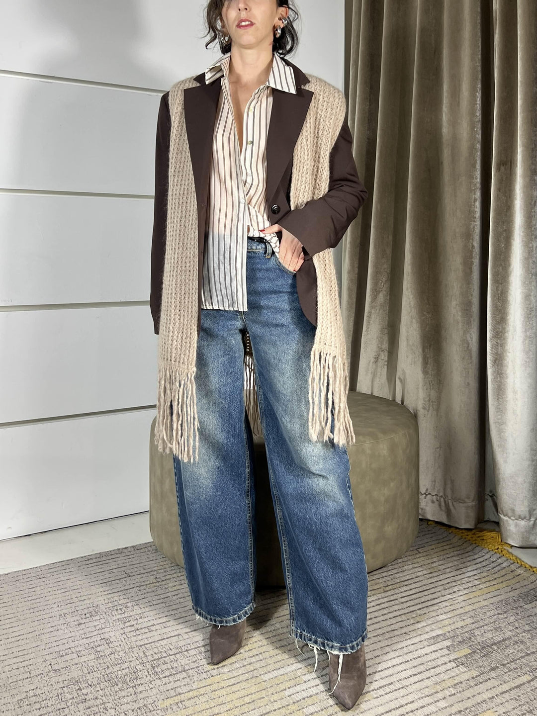 gilet lungo beige in misto lana con frange F01O0656BEIGE PHILIA LOFT