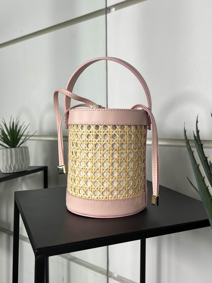 borsa secchiello a intreccio con inserti in pelle rosa e. tracolla in pelle RF-B0173ROSA FEMME CAFE SELECTION