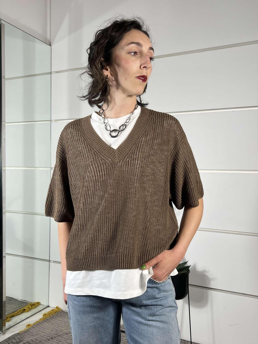 maglia cioccolato con scollo a v manica a 3/4 misto viscosa XL25265CIOCCOLATO TENSIONE IN