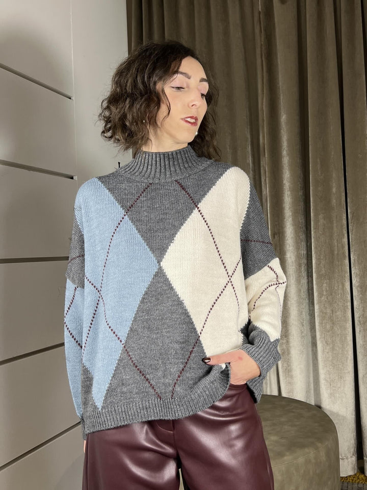maglione rombi in misto lana grigio celeste e panna F01E0886ANTRACITE PHILIA LOFT