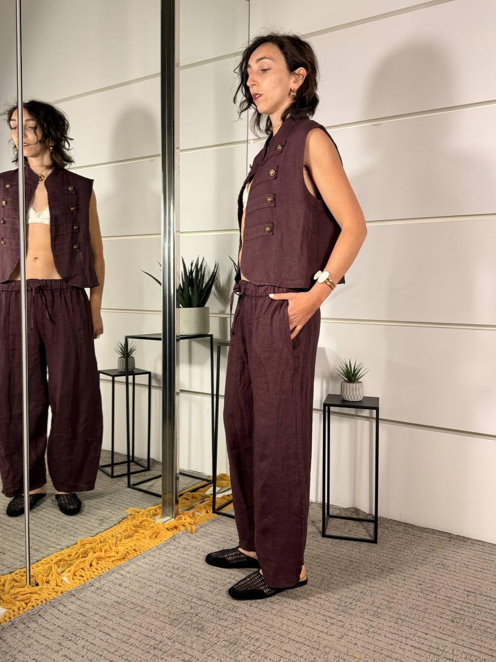pantalone barrel 100% lino con elastico in vita e coulisse prugna 6128PRUGNA SPICY CAFE