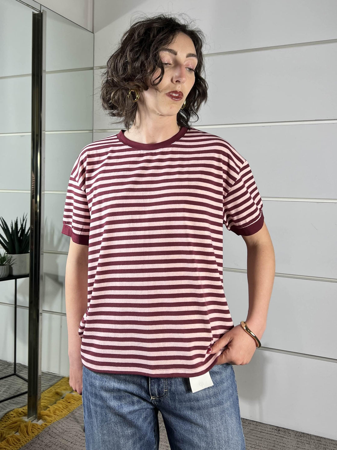 t-shirt girocollo a righe, manica corta rosa e bordeaux 26M4121ROSA/BORDEAUX TENSIONE IN