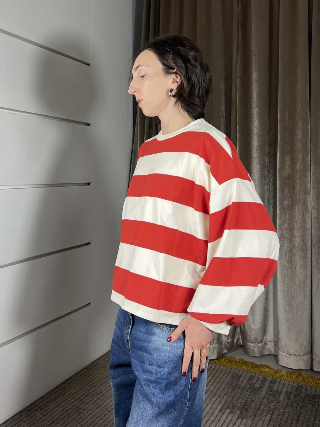 maglia a righe panna/rosso con manica a baloon D02N0366PANNA/ROSSO PHILIA LOFT