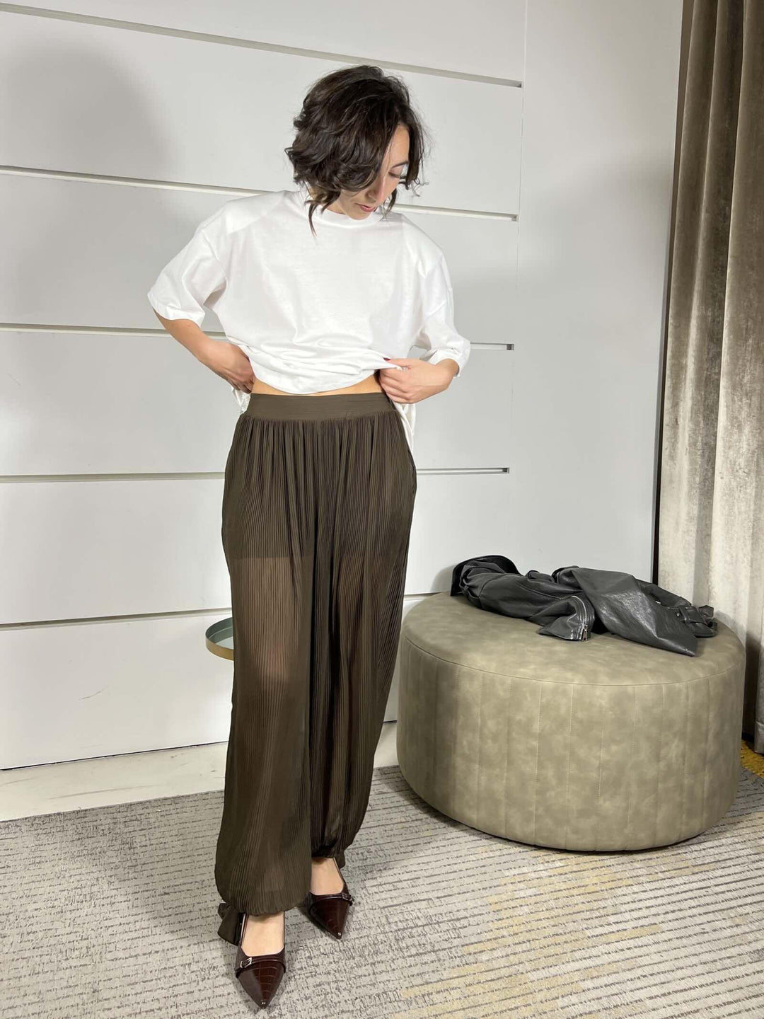 pantalone moro a palloncino plissè, con trasparenze PVS-P131MORO HAVE ONE
