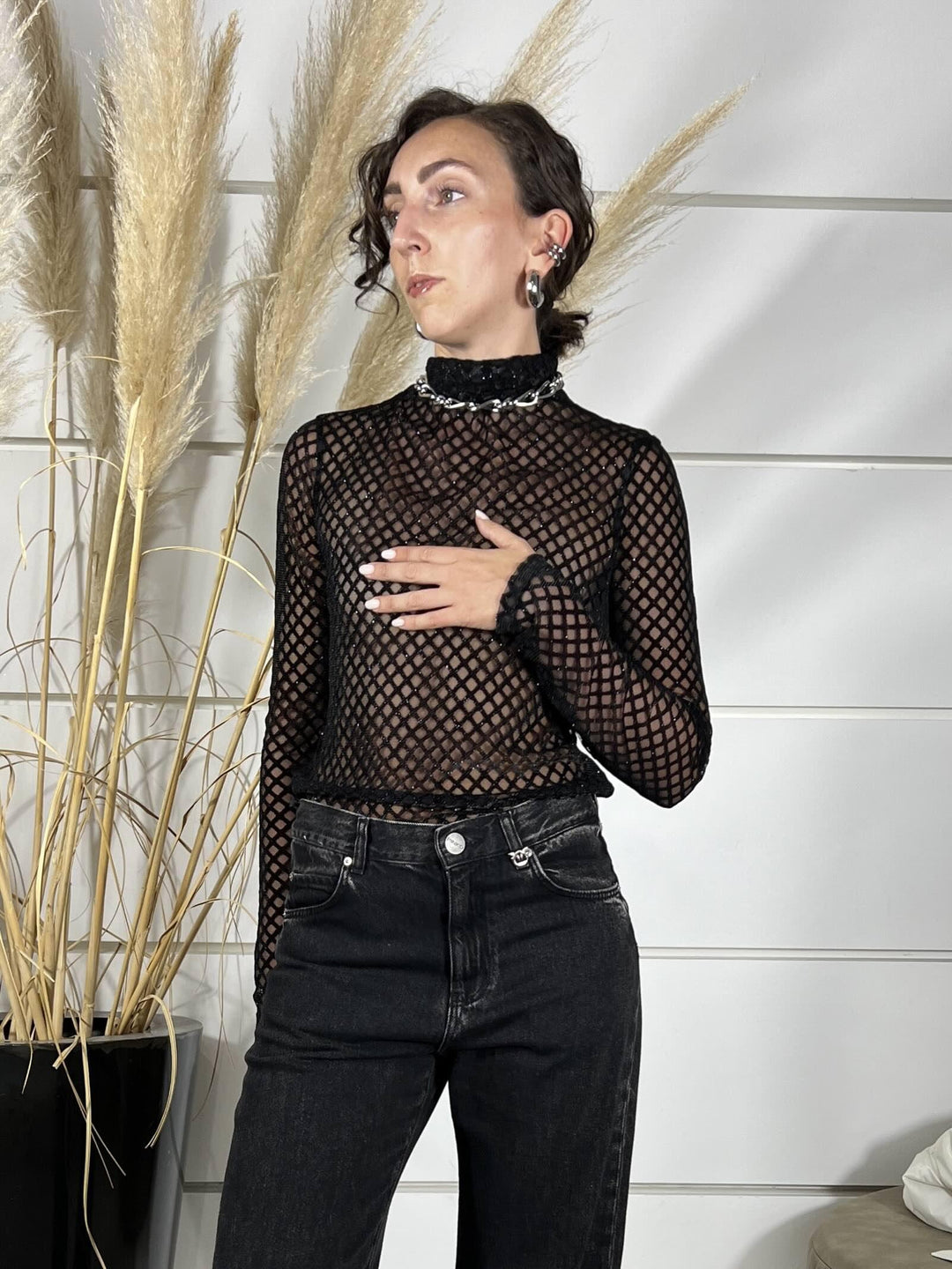 MAGLIA A LUPETTO BLACK NET LUREX CON TRASPARENZE 8M1744A638K469 PATRIZIA PEPE PREVIEW