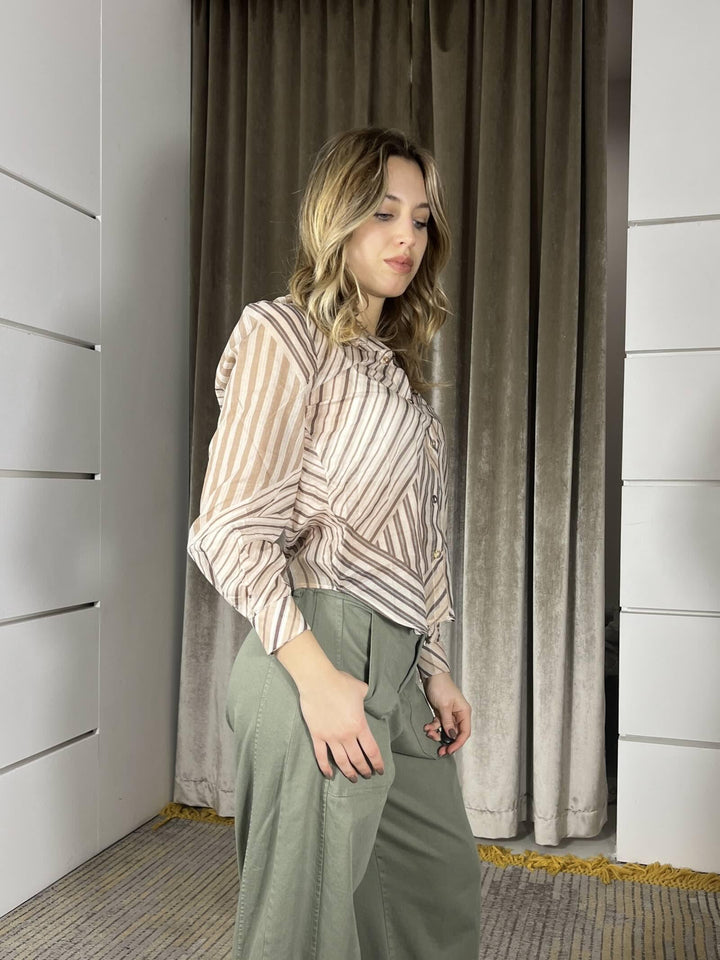 camicia a righe beige in cotone  Y1255ST12BEIGE SUSY MIX