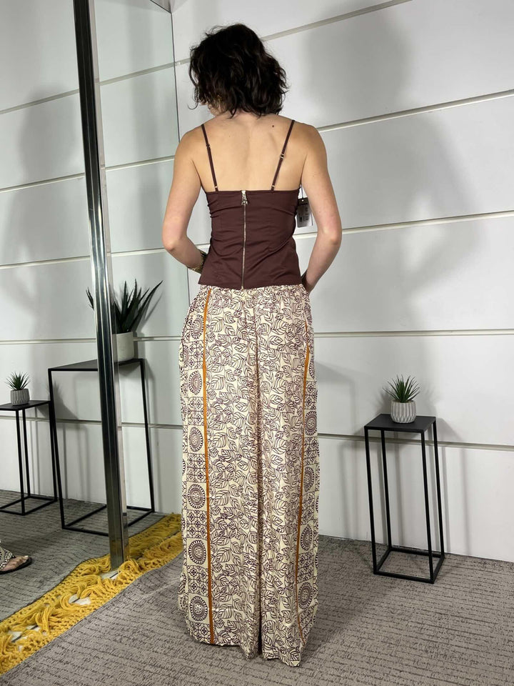 pantalone a palazzo fantasia etnica burro viola e arancio in misto seta A002BURRO/VIOLA/ARANCIO SPICY CAFE