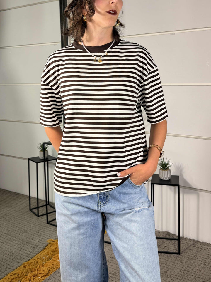 t-shirt a righe girocollo manica corta marrone beige 10060MARRONE/BEIGE SPICY CAFE