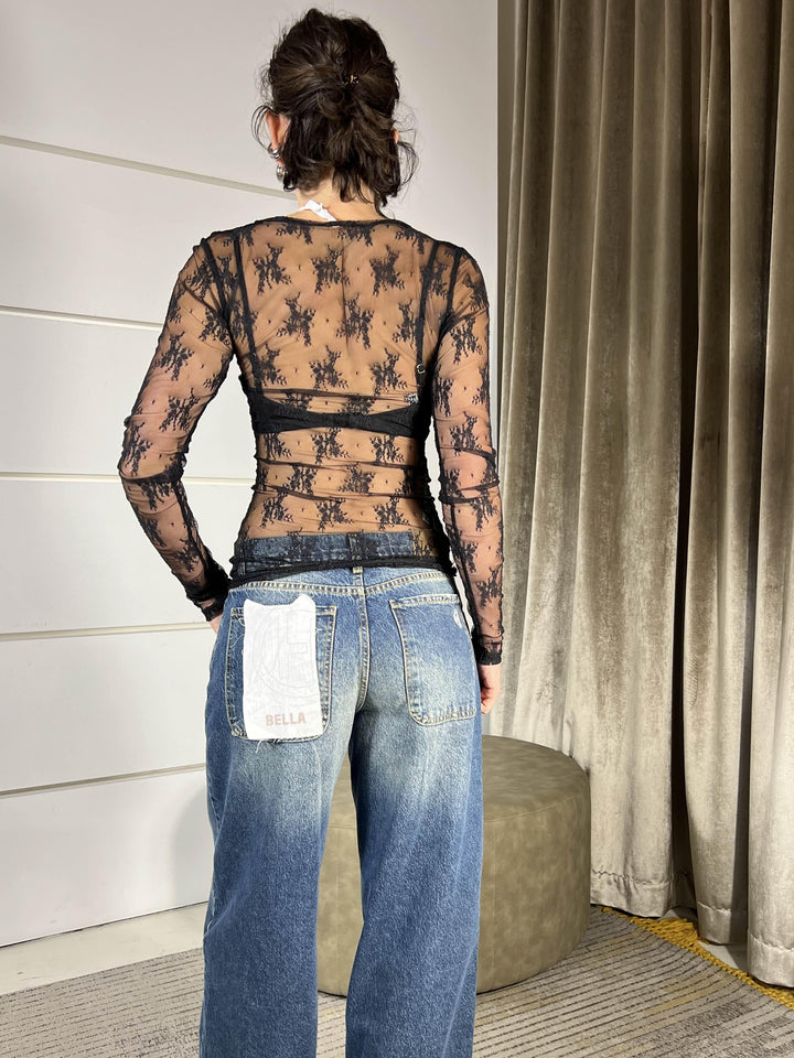 t-shirt manica lunga girocollo in pizzo nero TW91KMX1900 IMPERIAL