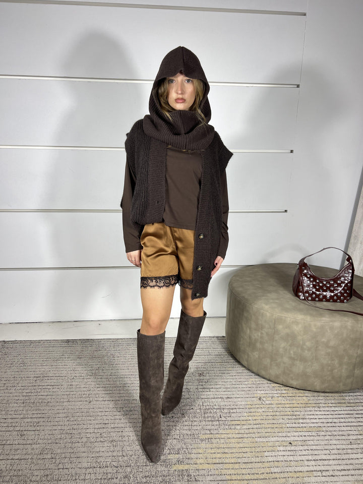 SHORT TABACCO SATIN CON PIZZO ED ELASTICO IN VITA P22281TABACCO SUSY MIX