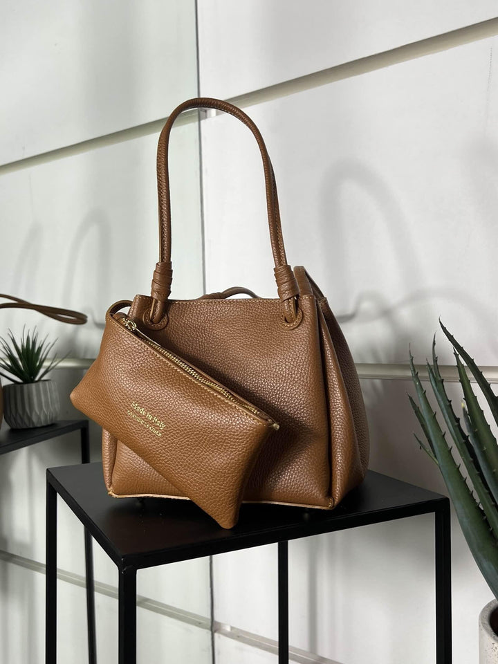 borsa a secchiello cuoio in vera pelle con pochette e tracolla DO-B0210CUOIO FEMME CAFE SELECTION