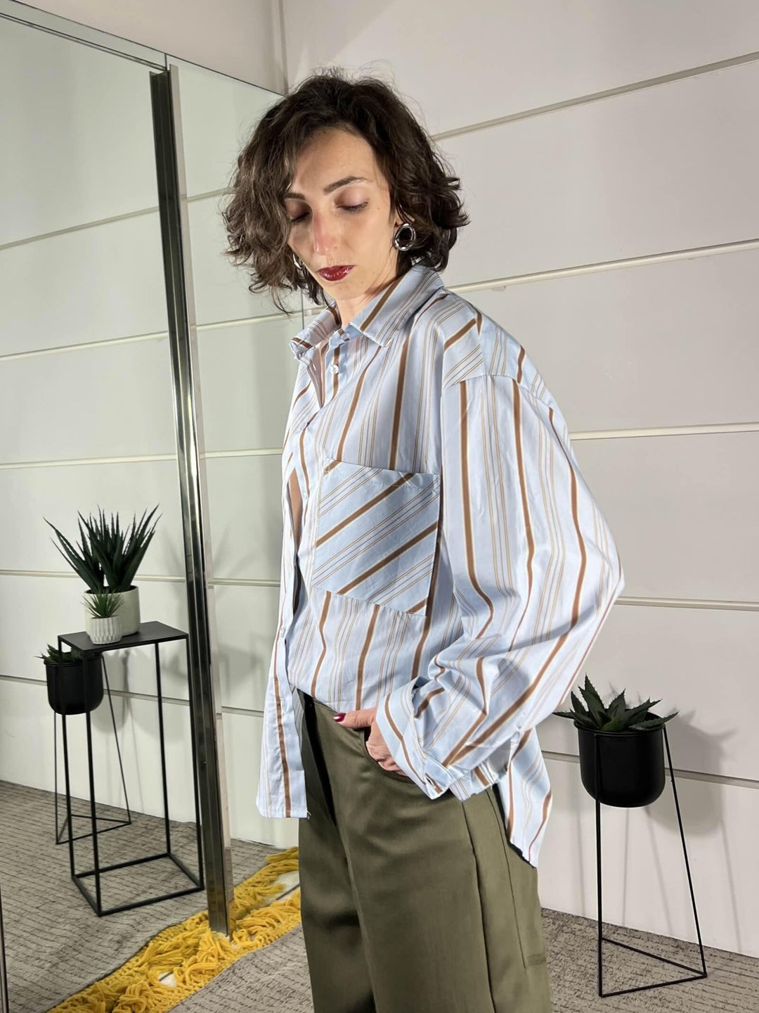 camicia over a righe in cotone celeste e tabacco CFW-Q178CELESTE/TABACCO HAVE ONE