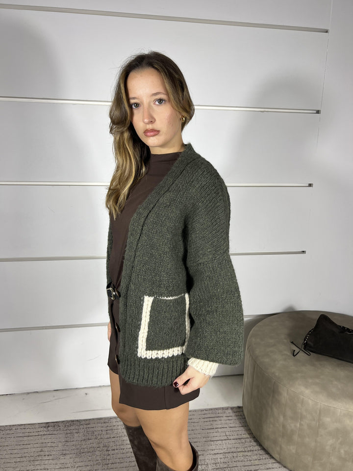 cardigan over militare con tasche bicolore burro JIT-P023MILITARE HAVE ONE