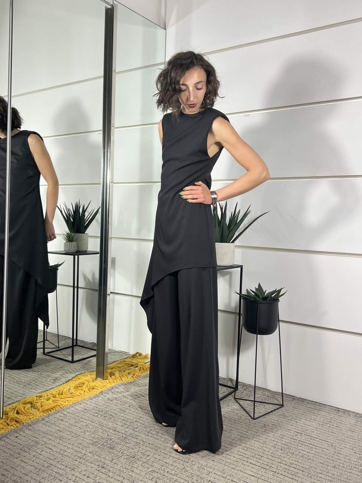 completo blusa asimmetrica e pantalone a palazzo nero SM215ANERO SUSY MIX