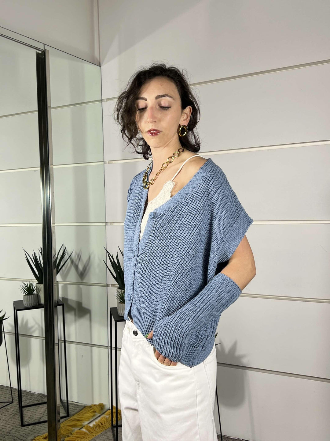 gilet con manicotti in cotone celeste M93007CELESTE SUSY MIX