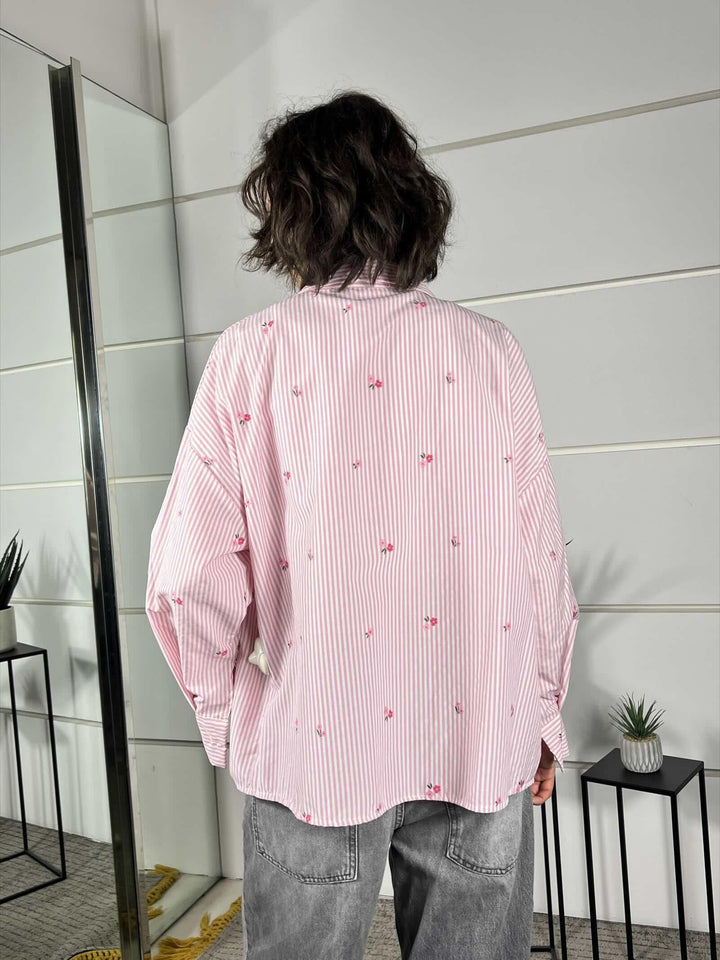 camicia riagata con ricami rosa 0065FIORI/ROSA SPICY CAFE