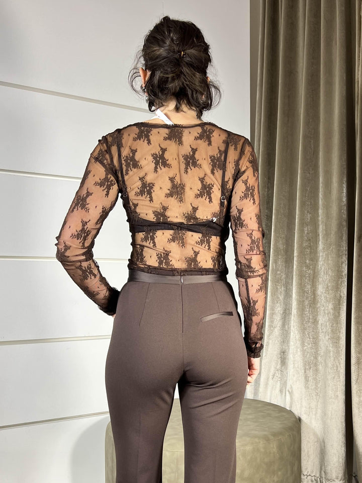 t-shirt manica lunga girocollo in pizzo cioccolato TW91KMX1860 IMPERIAL