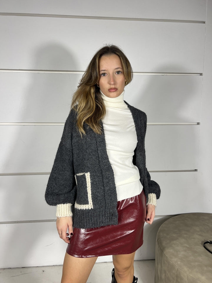 cardigan over scollo a v antracite  con tasche bicolore burro JIT-P023ANTRACITE HAVE ONE