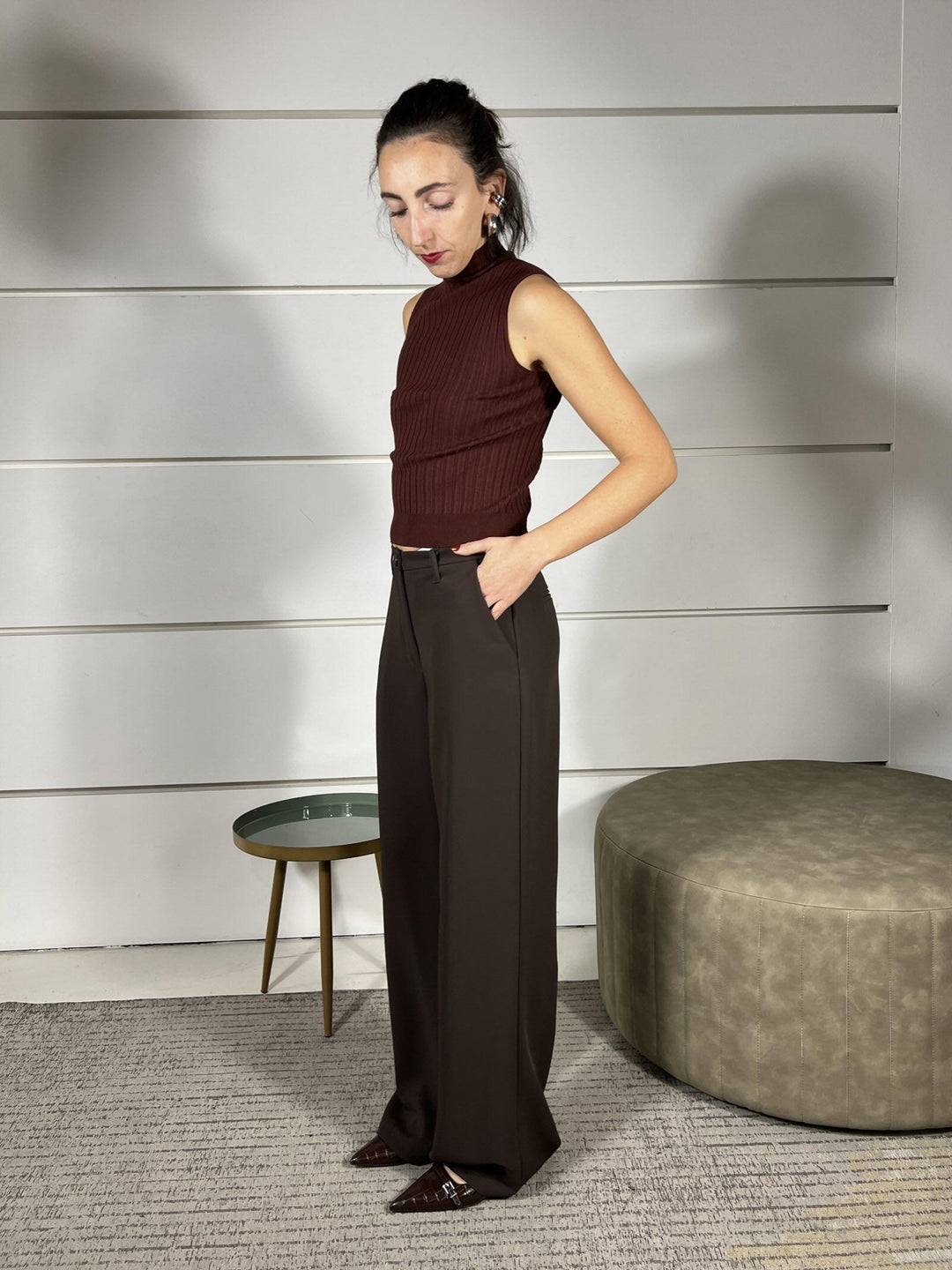 pantalone moro a palazzo con elastico nel retro PP261T52F1MORO SUSY MIX