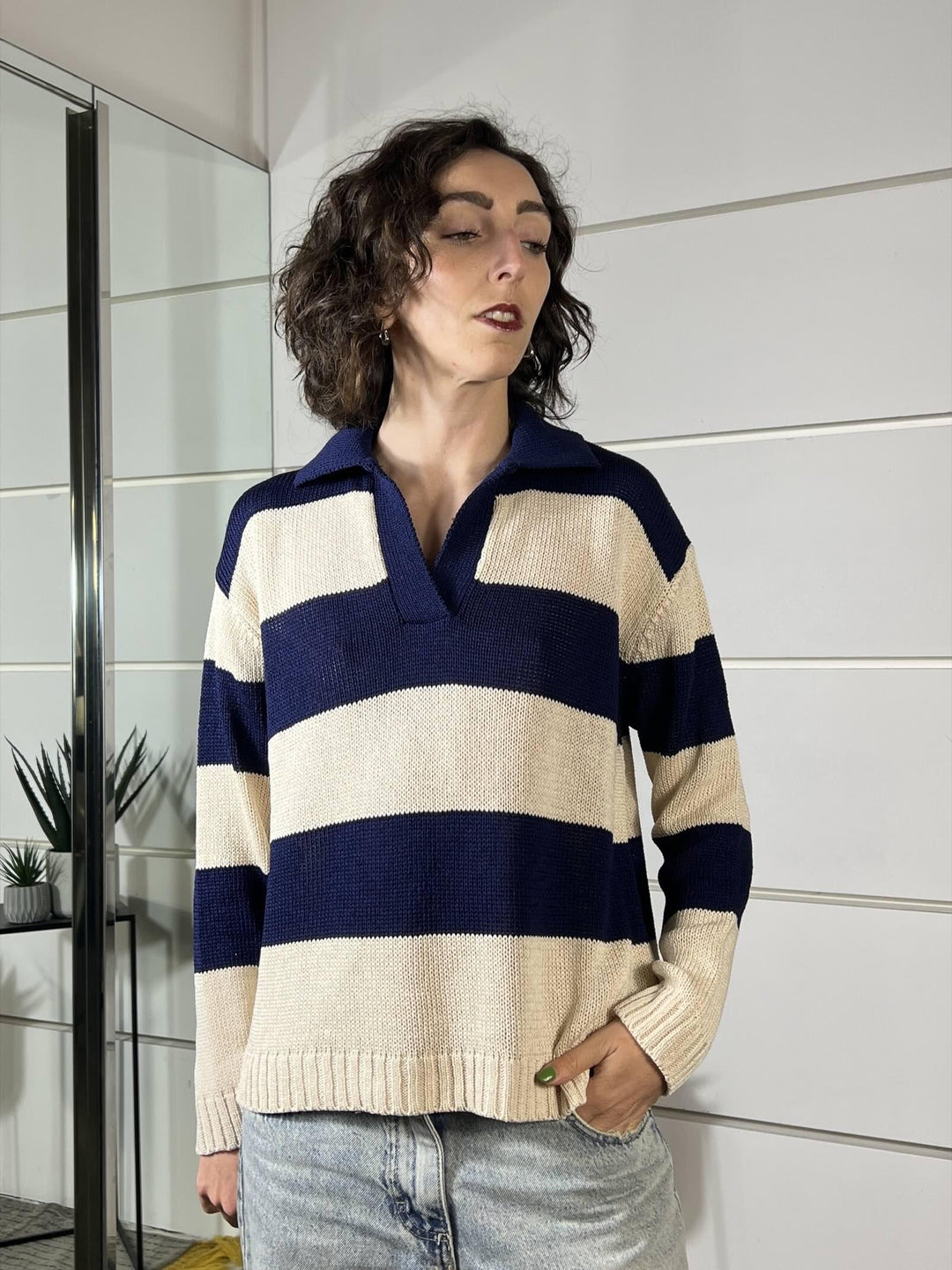 maglia a polo over a righe burro e blu D90131BURRO/BLU TENSIONE IN