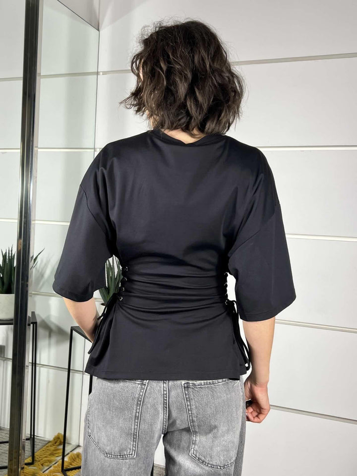 t-shirt spalla scesa con laccetto in entrambi i fianchi effetto corsetto LD5296NERO LUMINA