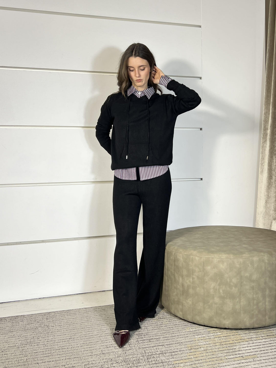 completo nero felpa con cappuccio e pantalone a palazzo LN871225NERO SUSY MIX