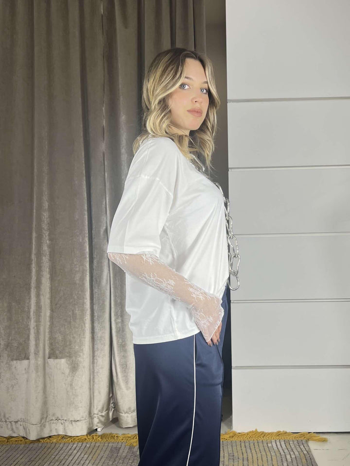 t-shirt  manica corta con manica in pizzo latte 11073LATTE SUSY MIX