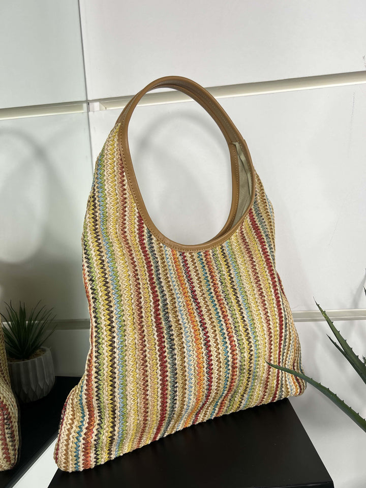 borsa a spalla in rafia rainbow con inserti in pelle RF-B0261RAINBOW FEMME CAFE SELECTION
