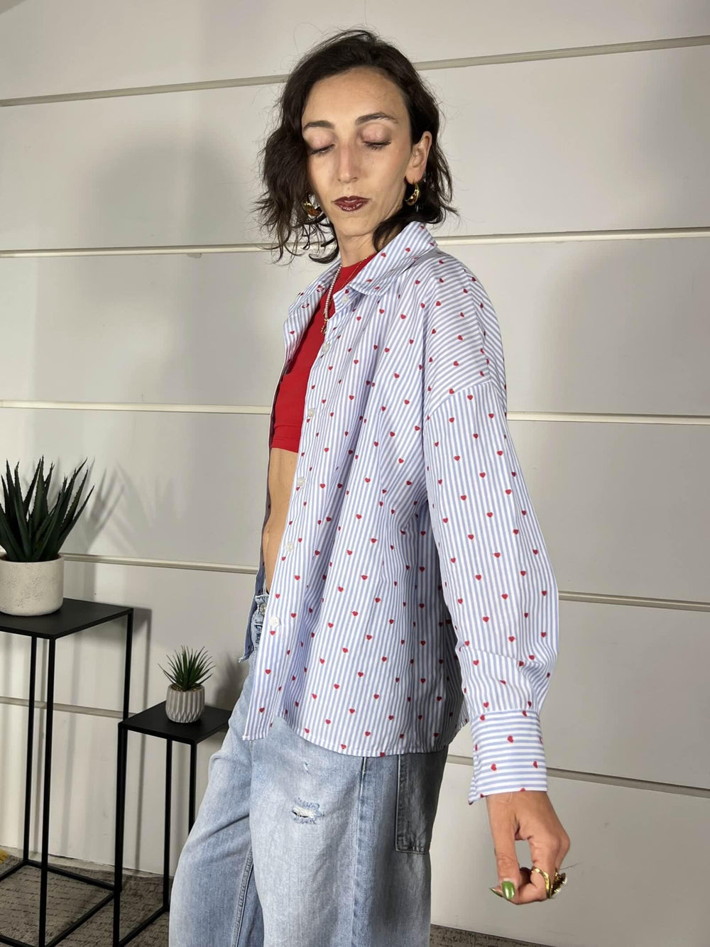 camicia a righe bainca e celeste con cuori rossi 0065CUORI/CELESTE SPICY CAFE