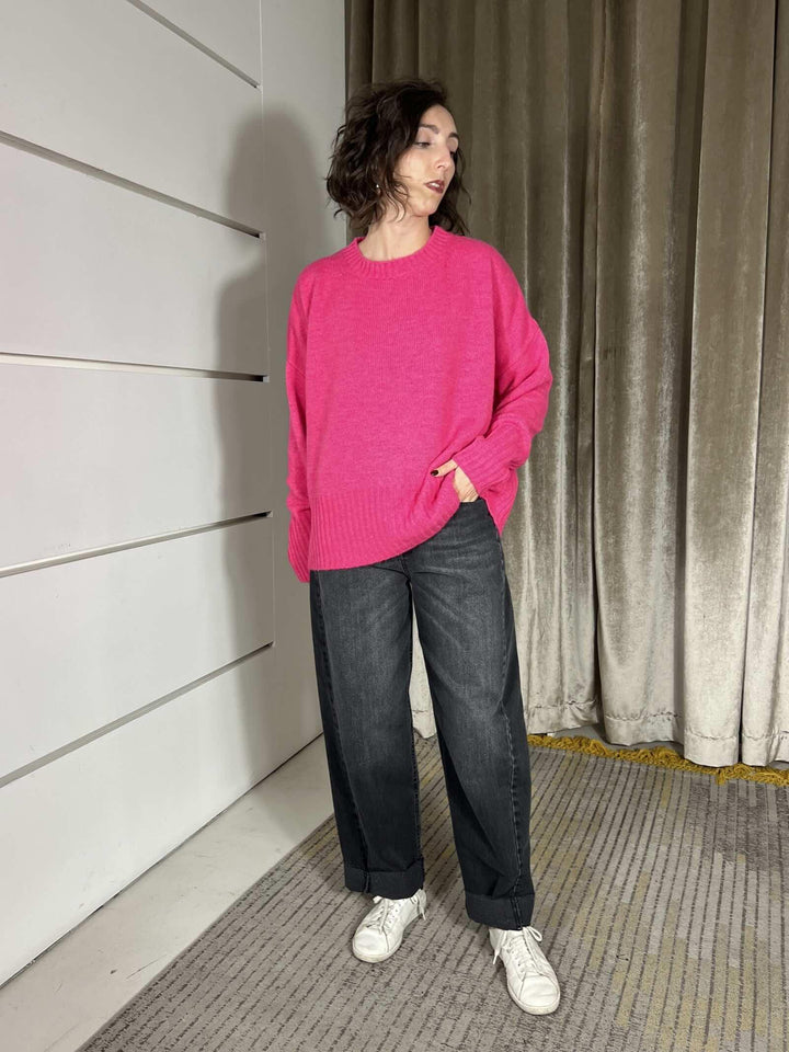 maglione girocollo con coste in misto lana rasata  fuxia W5HMJ87A373FUXIA TENSIONE IN