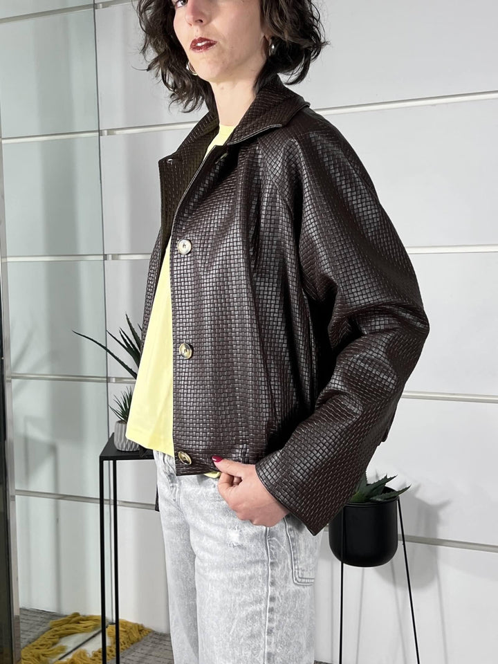 bomber in ecopelle intrecciato con collo a camicia moro KNO-Q056MORO HAVE ONE
