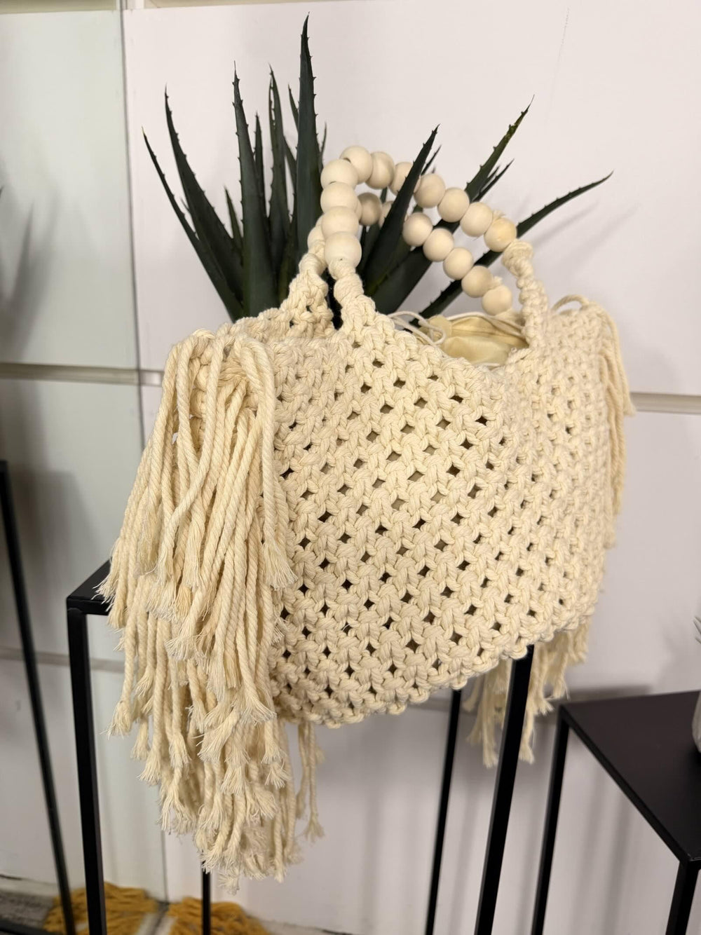 borsa in corda con frange e perle beige CE-2502BEIGE FEMME CAFE SELECTION