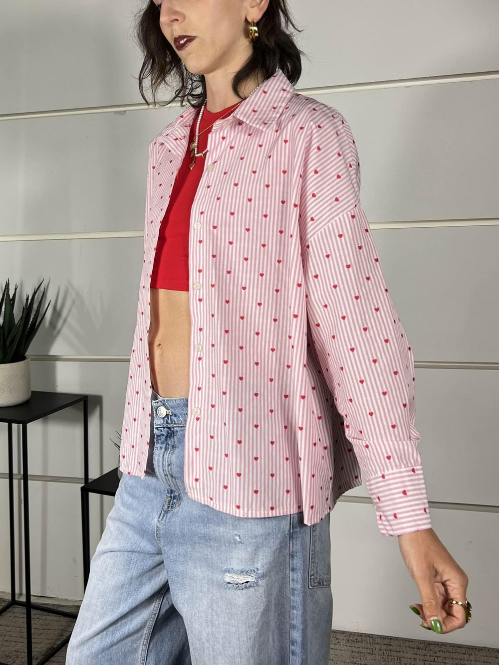 camicia a righe bianca e rosa con cuori rossi 0065CUORI/ROSA SPICY CAFE