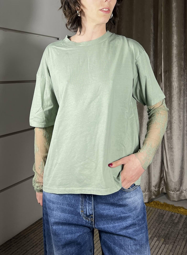 t-shirt  manica corta con manica in pizzo verde salvia 11073VERDE SALVIA SUSY MIX