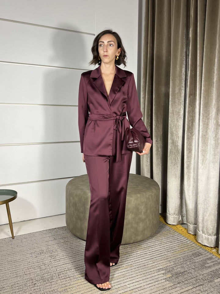 COMPLETO GIACCA CON CINTA E PANTALONE A PALAZZO BORDEAUX 30323VINO SUSY MIX