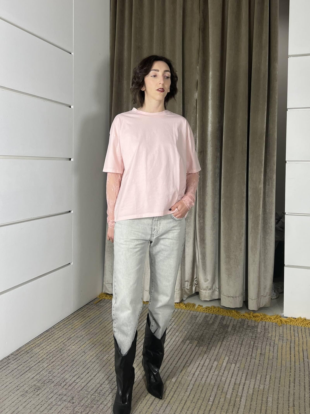 t-shirt  manica corta con manica in pizzo rosa 11073ROSA SUSY MIX