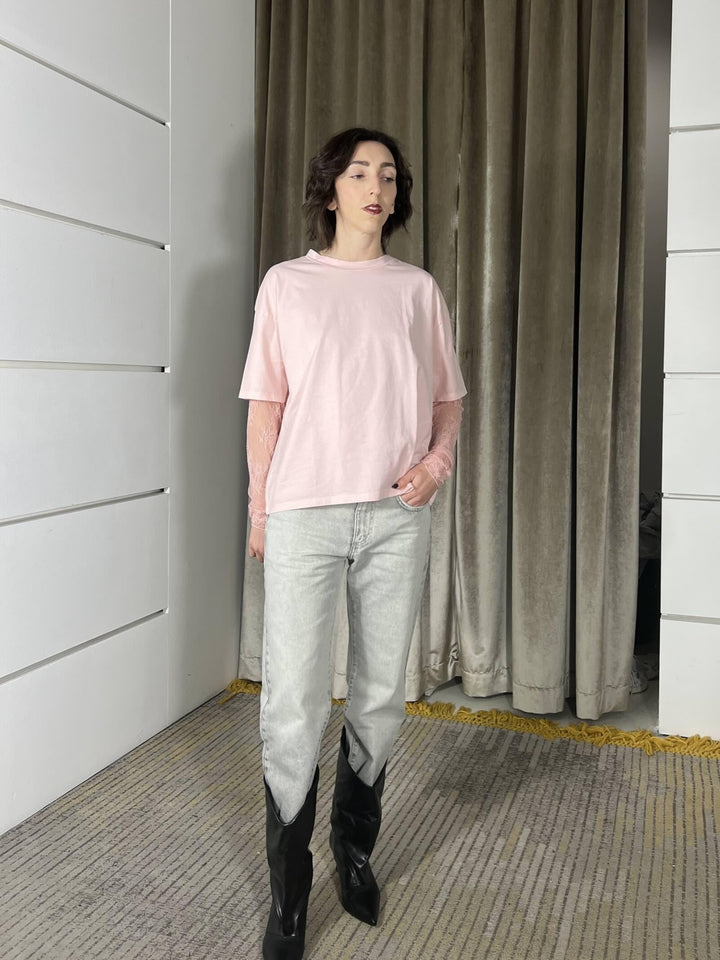 t-shirt  manica corta con manica in pizzo rosa 11073ROSA SUSY MIX