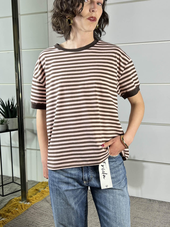t-shirt girocollo a righe, manica corta rosa e moro 26M4121ROSA/MORO TENSIONE IN