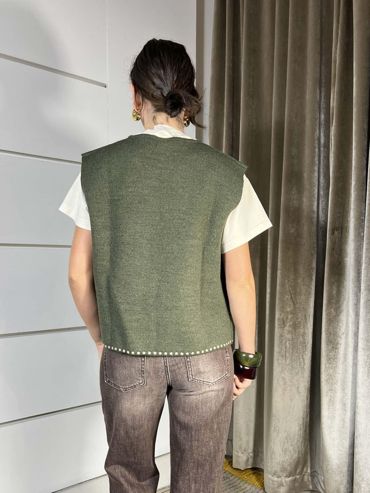 GILET VERDE IN MAGLIA CON RICAMI TAUPE W5HMG35A400GREEN TENSIONE IN