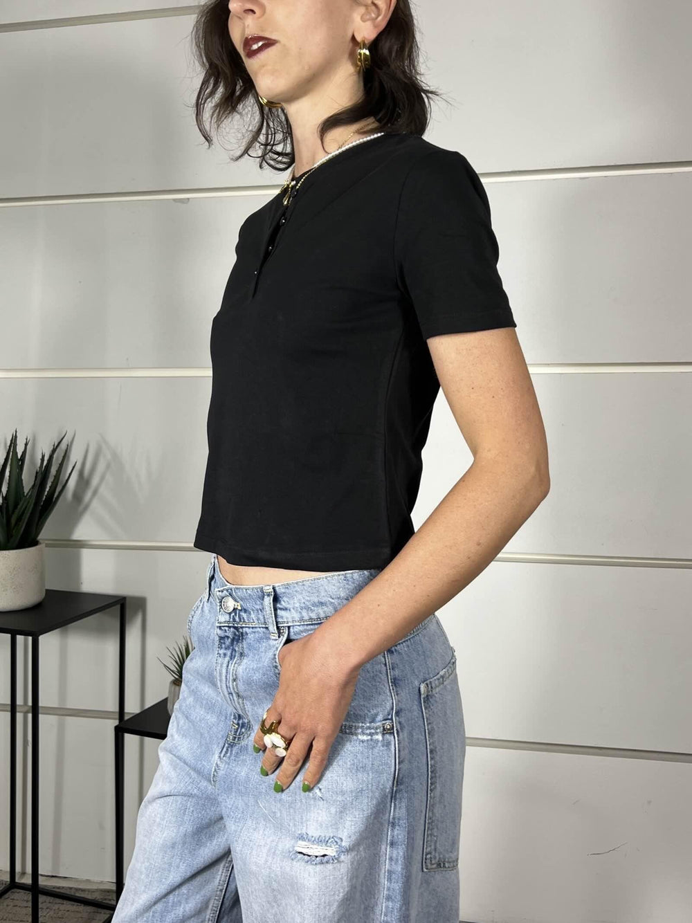 t-shirt nera serafino manica corta LC260262NERO LUMINA