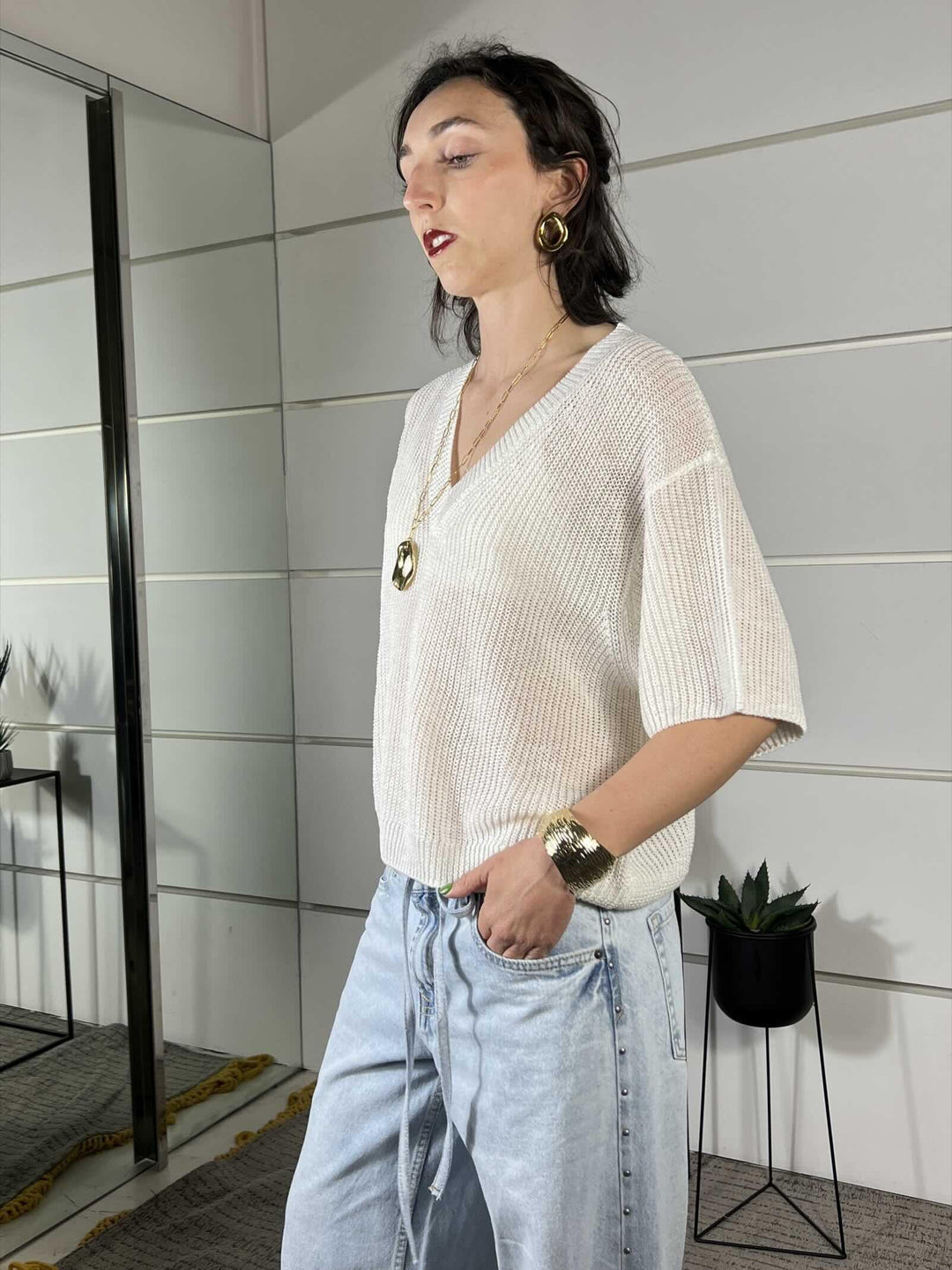 maglia panna con scollo a v manica a 3/4 misto viscosa XL25265PANNA TENSIONE IN